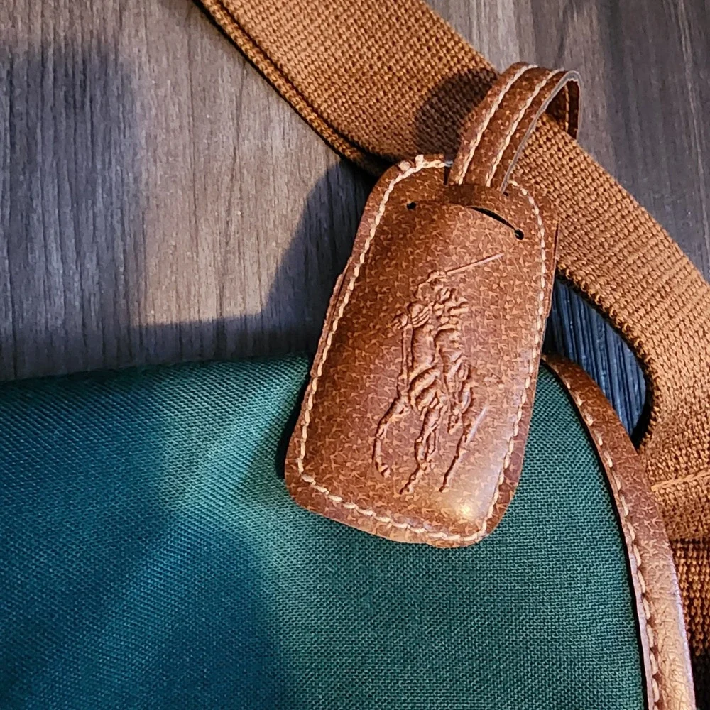 Polo Ralph Lauren VTG Green Messenger Bag Brown Leather Trim Shoulder Laptop Bag
